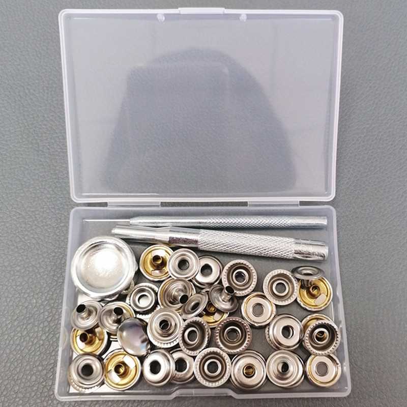 新款直销盒装43pcs金属四合扣配安装工具15mm大白扣 201#圆形纽扣