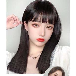 新款直销假发女全头漫画黑长直齐刘海自然中长的一刀切中长发头套