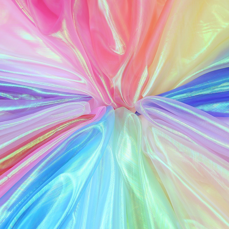 新款直销幻彩镭射布玻璃纱平七彩 七彩布料 亮丝网纱装饰纱舞台装