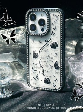 雾岛来信闪钻艺术黑边新款苹果16手机壳iphone17情侣14保护套适用15promax外壳原创设计全包防摔蝴蝶结高级感