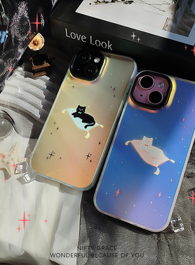 魔毯猫IMD镭射适用iPhone15promax卡通苹果16promax新款iPhone17promax原创设计14情侣全包防摔保护手机壳