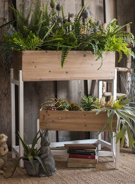 实木制花槽花f架花几隔断大花器花盆收纳复古多层木质置物架阳台