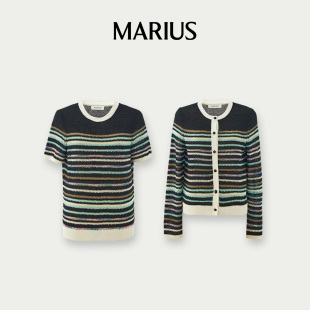 套衫 MARIUS 复古圆领拼色开衫 气质条纹小香风时尚 彩虹条