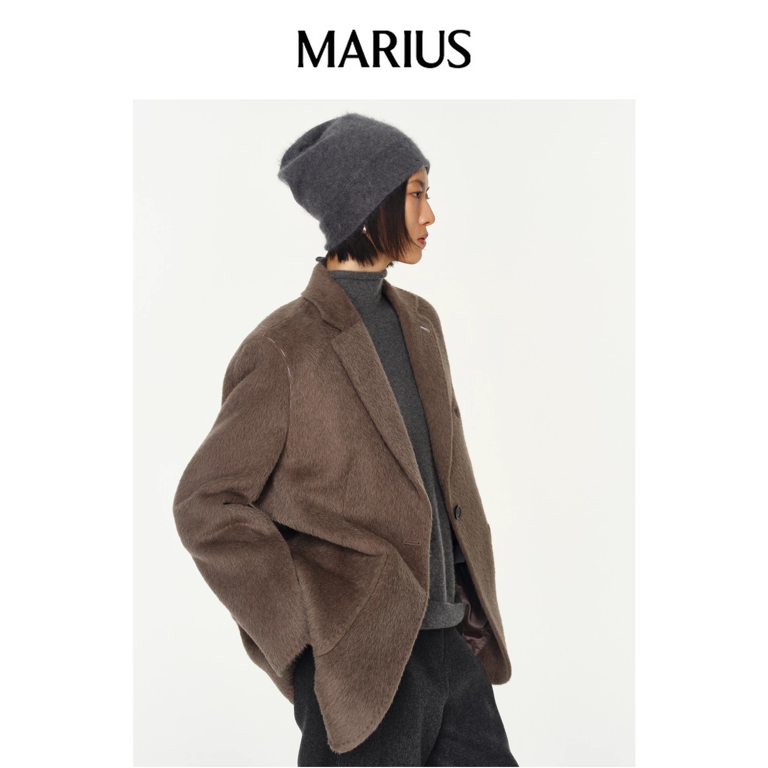 MARIUS羊绒拉毛无缝一体自然卷边轻盈保暖慵懒时髦针织冷帽