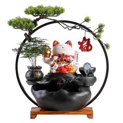 创意招财流水送客CNL厅办公室装饰摆件桌面猫循水新中环式礼开业