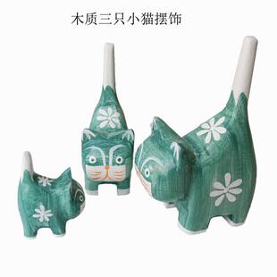 式猫三件套摆件欧质工艺品上墙背景装CB饰家居桌面套三房木猫摆饰