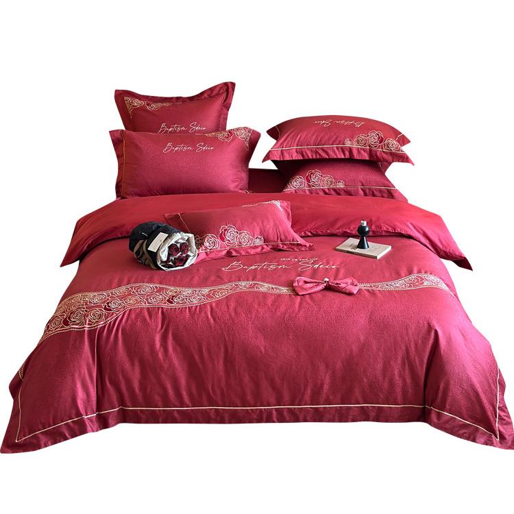 高级感婚庆10K4婚0S床长绒棉提花款四件套玫瑰刺绣全棉结被套上用