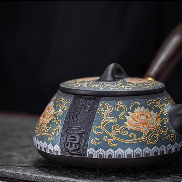 紫砂如意侧把茶壶中式家用过滤壶单壶陶瓷功夫茶具复古浮雕泡茶壶