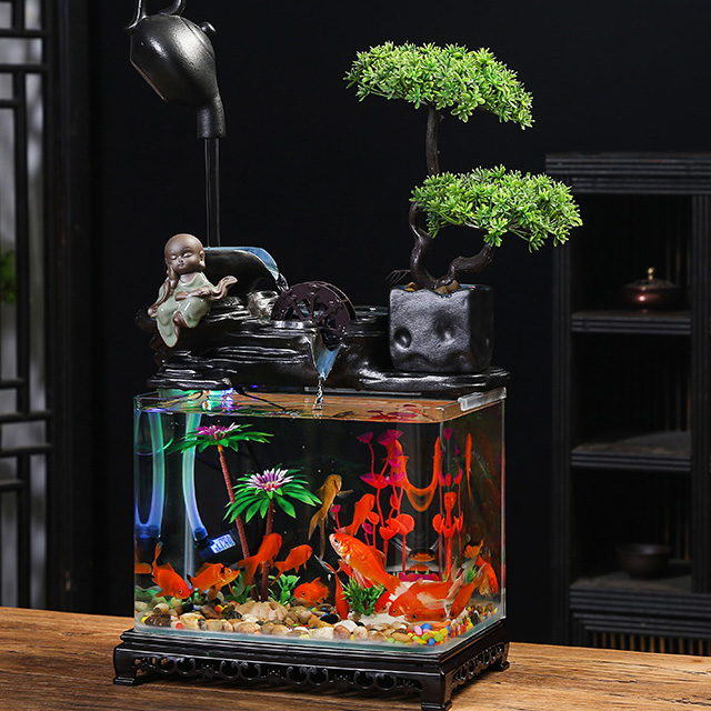 招财循环流水玻璃鱼缸客厅家居电视柜装饰风水轮摆件乔迁新居礼品