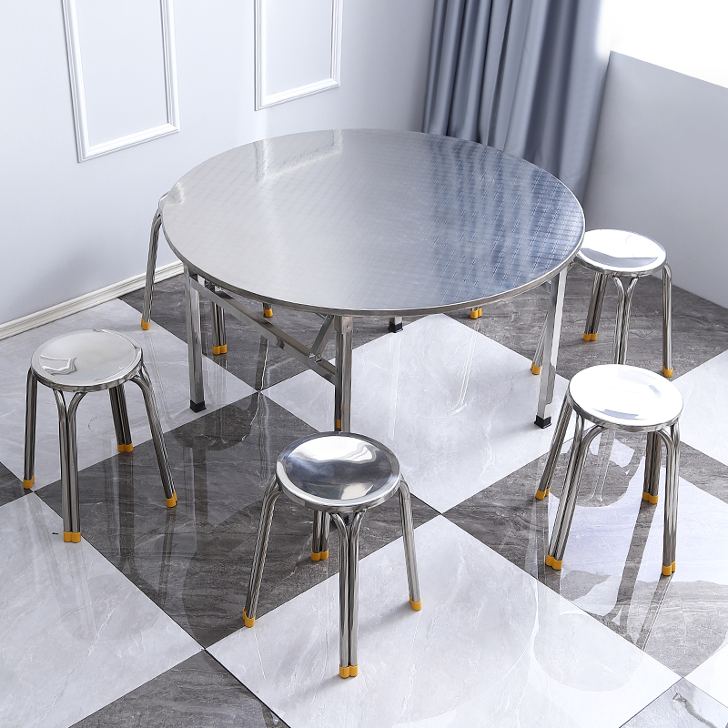 不锈钢折叠桌子大排档圆形v饭桌酒店可折叠带转盘大圆桌夜宵店餐