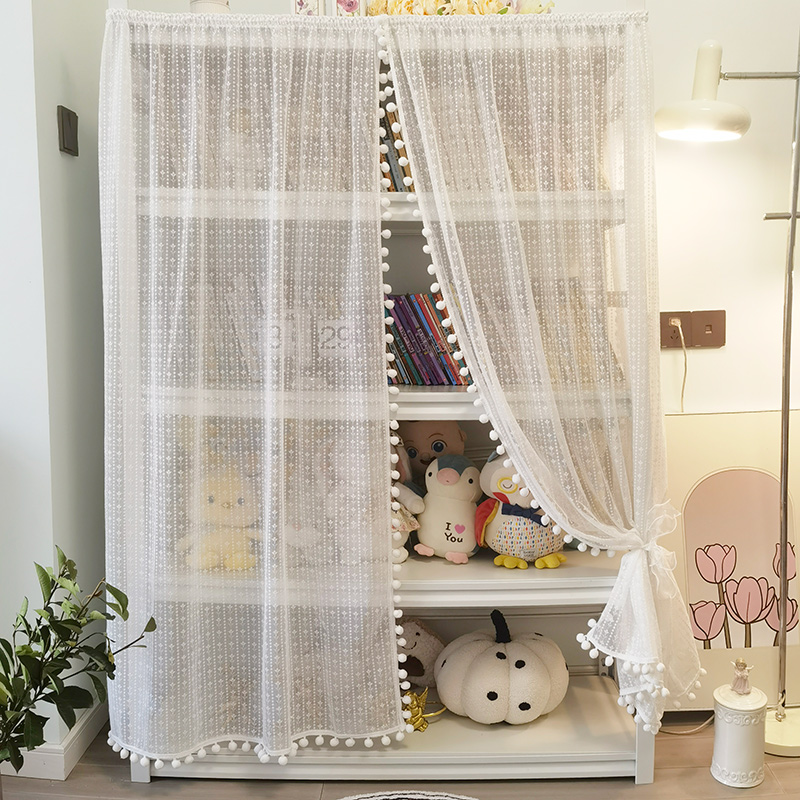 法式球球花边蕾丝褶皱纱帘半防晒书架防灰帘无门书U柜遮挡帘免打
