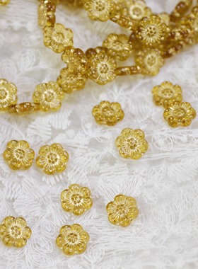 进口捷克珠复古透明橙色描金压花内衬花朵珠14mmDIY手作串珠材料