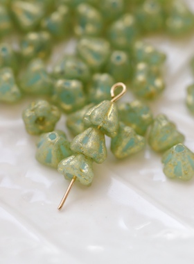 进口捷克珠6x4mm复古浅绿描金莲雾玻璃珠DIY手作串珠耳环挂件配件