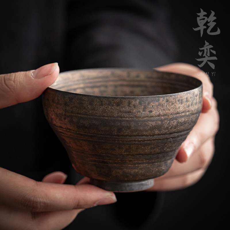 日式主人杯鎏金铁锈釉大容量单个茶杯陶瓷茗杯功夫茶具粗陶茶盏