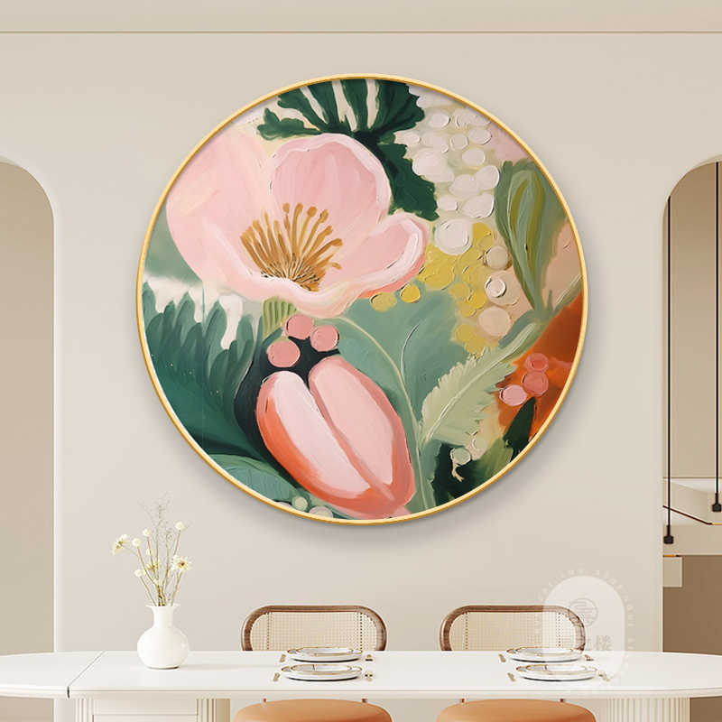 大芬油画村圆形入户玄关装饰画客厅壁画奶油风高级花卉肌理感挂画图片