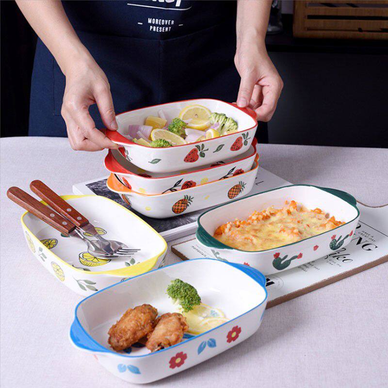 双耳陶瓷釉下彩家用微波炉烤箱专用长方形田园风日式芝士焗饭烤盘