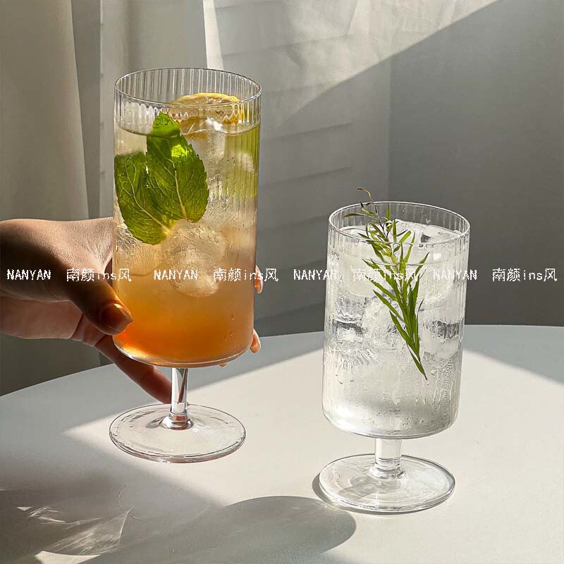 ins风条纹果汁杯冰淇淋杯 网红咖啡厅高脚杯玻璃杯奶茶店饮料杯子