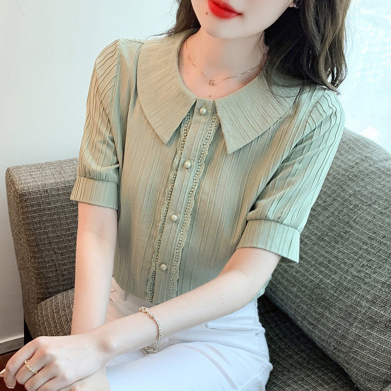 香港TIMO夏季女装娃娃领衬衫短袖洋气时尚百搭减龄雪纺气质上衣