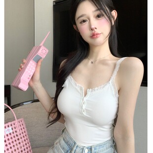 白色吊帶背心女夏季 上衣 顯瘦性感內(nèi)搭露臍短款 純欲風(fēng)蕾絲花邊修身