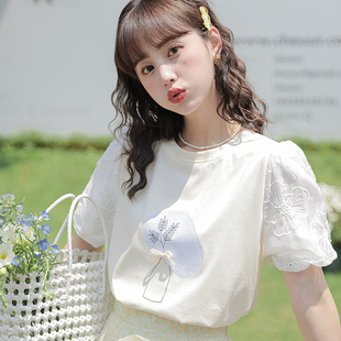 甜美印花设计感 韩国白色短袖 T恤上衣2024春夏装 女新款 百搭泡泡袖