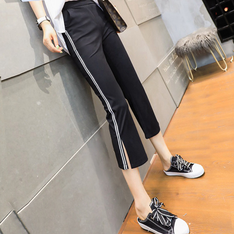 欧洲站黑色休闲运动裤女新款潮女2025年夏天薄款冰丝高腰七分裤子