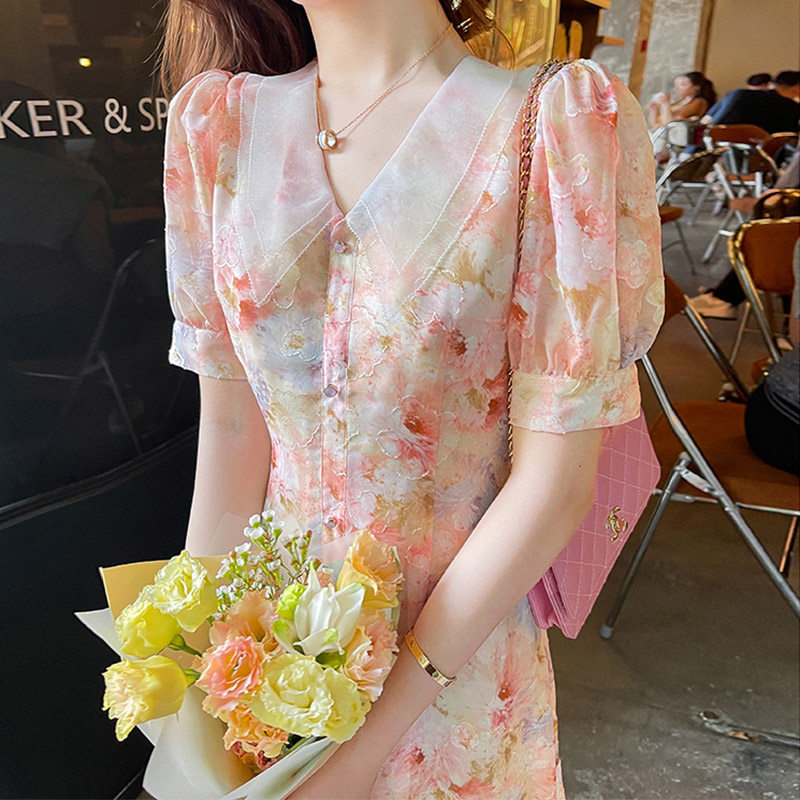 FAshi 夏新款法式收腰显瘦甜美碎花连衣裙女温柔风雪纺印花长裙子