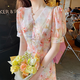 FAshi 收腰显瘦甜美碎花连衣裙女温柔风雪纺印花长裙子 夏新款 法式