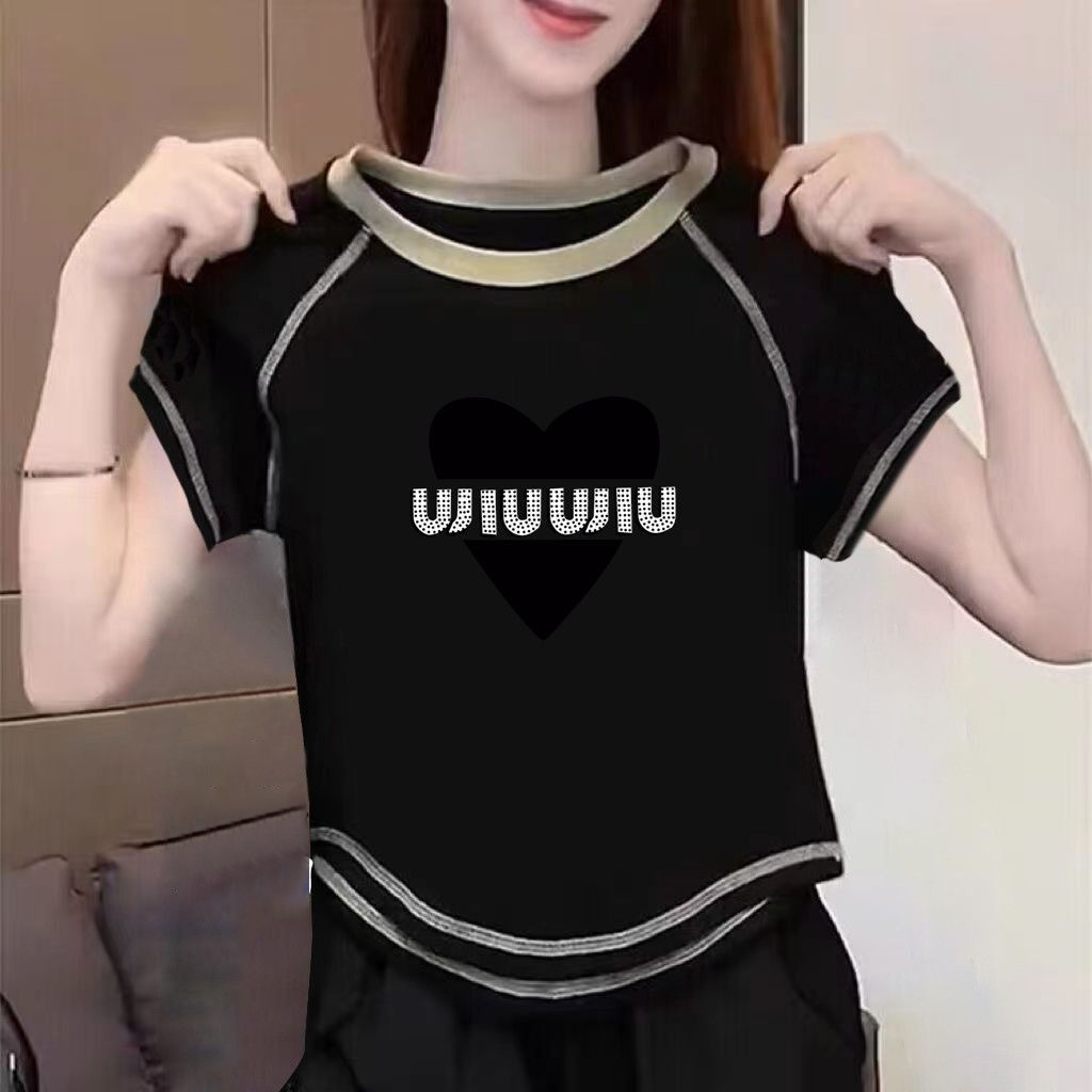 正肩纯棉短袖T恤女2025夏季新款欧货修身显瘦小个子圆领体恤上衣