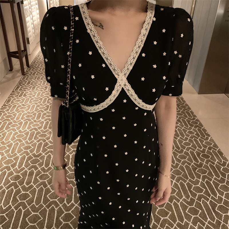 FAshi 夏季新款法式复古绣花鱼尾裙子名媛气质中长款碎花连衣裙女