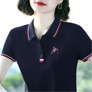 2025新款 韩系夏季 t恤女休闲衬衫 polo衫 带领黑色中年翻领上衣 短袖