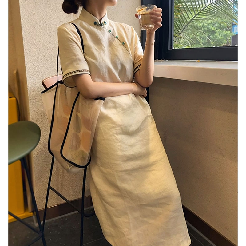 欧货轻奢高级感高端精致立领盘扣气质改良旗袍连衣裙子女夏季长裙