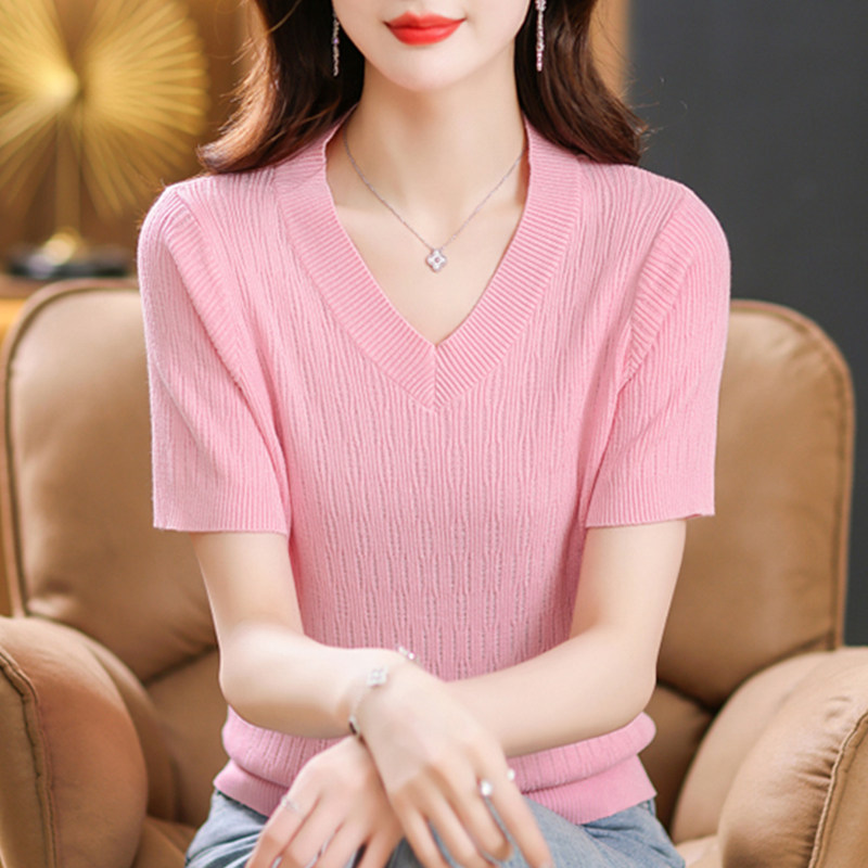 韩国2024短袖t恤女V领短袖新款女士夏季冰丝T恤上衣镂空薄针织衫