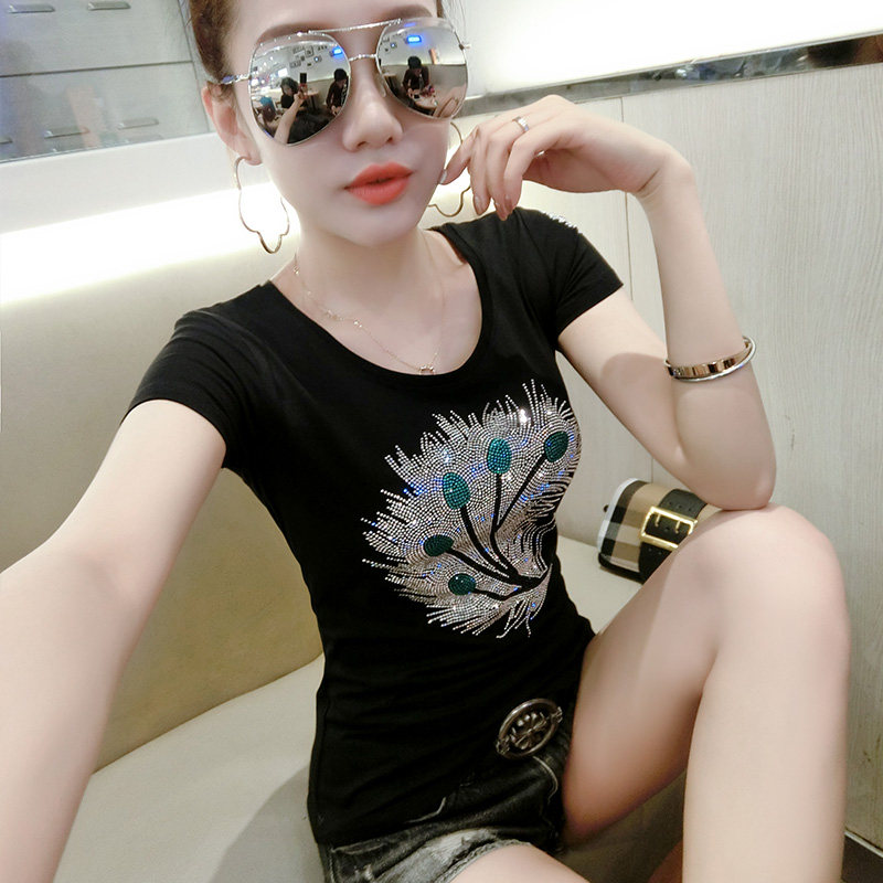 香港潮牌ins短袖t恤女新款夏装韩版烫钻修身显瘦纯棉上衣体恤小衫