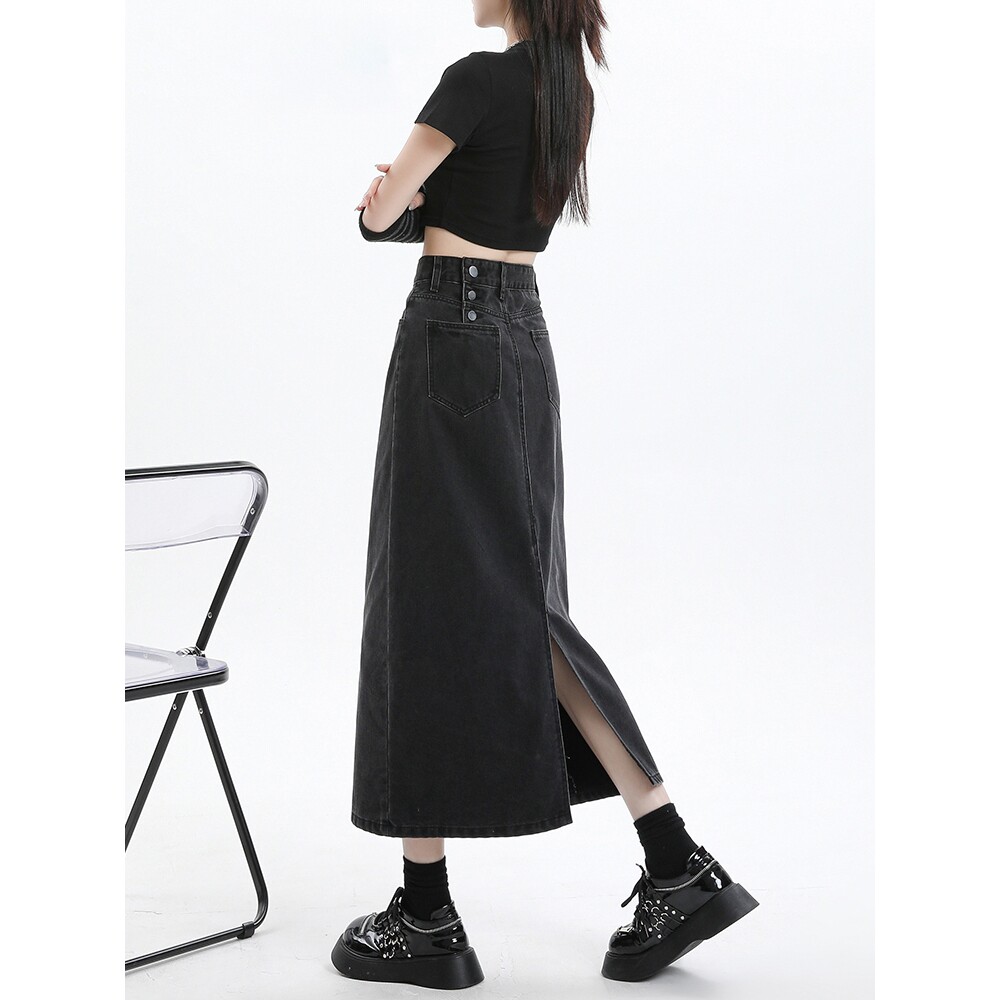 黑色牛仔半身裙女夏季2025春新款高腰显瘦开叉a字中长款包臀裙子