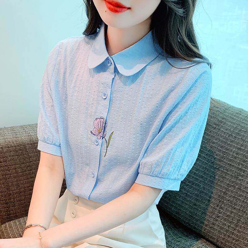 香港TIMO夏装新款洋气刺绣纯棉衬衫女短袖设计感小众职业蓝色衬衣