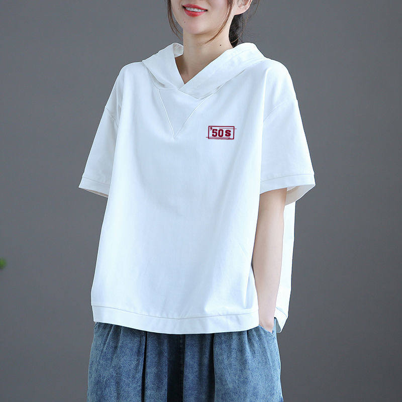 白色连帽短袖t恤女士夏季欧货大码胖mm宽松休闲套头半袖体恤上衣