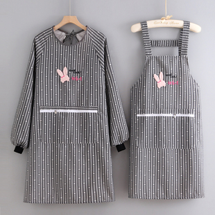 新款帆布拉链兜长袖围裙厨房家用做饭耐脏反穿罩衣大人刺绣工作服