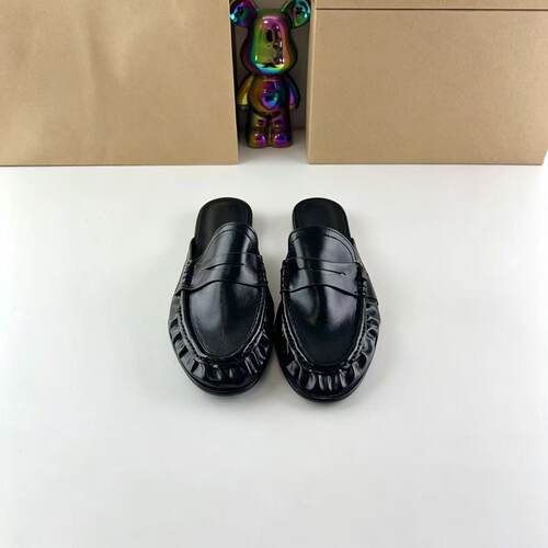ZA西班牙秋季新品女鞋黑色皮革一脚蹬懒人穆勒鞋平底外穿包头拖鞋