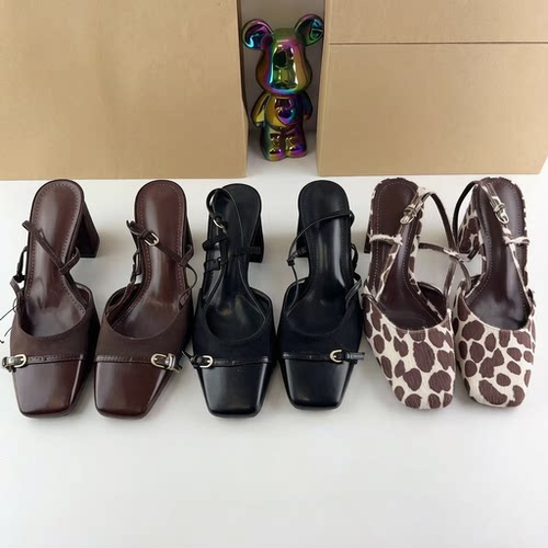 ZA西班牙春季新品女鞋棕色方头浅口粗高跟露跟方头复古百搭穆勒鞋