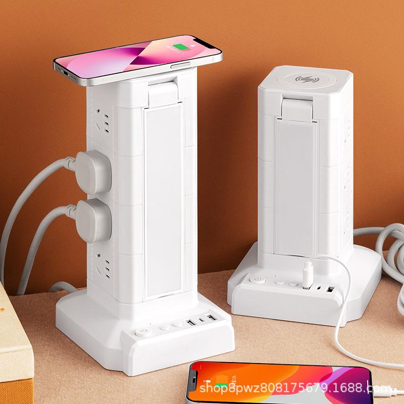 智能声控语音立式插排带灯电池充插两用插座手机无线充塔型排插线