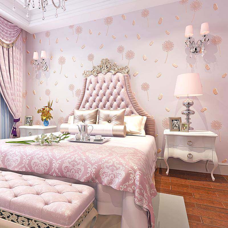 粉色蒲公英壁纸现代简约清新电视背景墙田园风格小碎花墙纸绿色