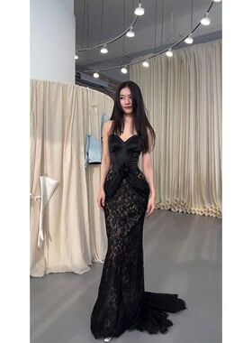 法式气质宴会鱼尾礼服裙高端轻奢小众蕾丝修身黑色抹胸连衣裙女装