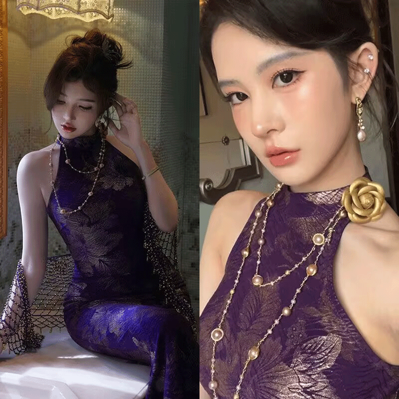2024新款年轻款改良旗袍女紫色气质高端提花性感包臀新中式连衣裙