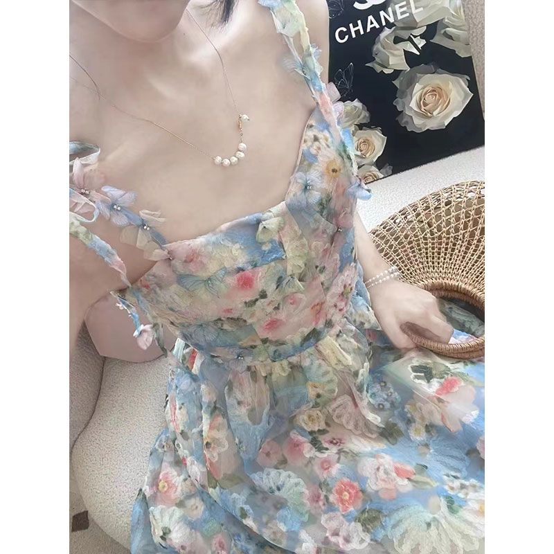 法式夏日碎花绝美吊带裙夏设计感立体花朵蝴蝶仙气公主蓬蓬连衣裙