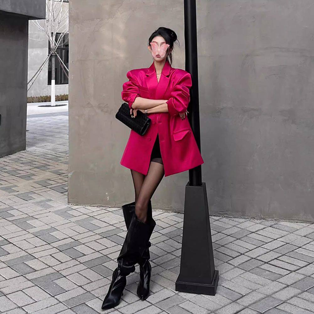 时尚玫红色西装外套女202