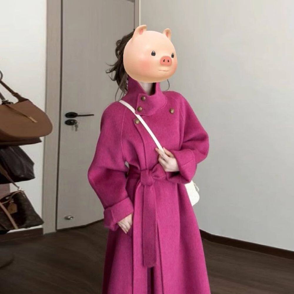玫红色双面毛呢子大衣女2