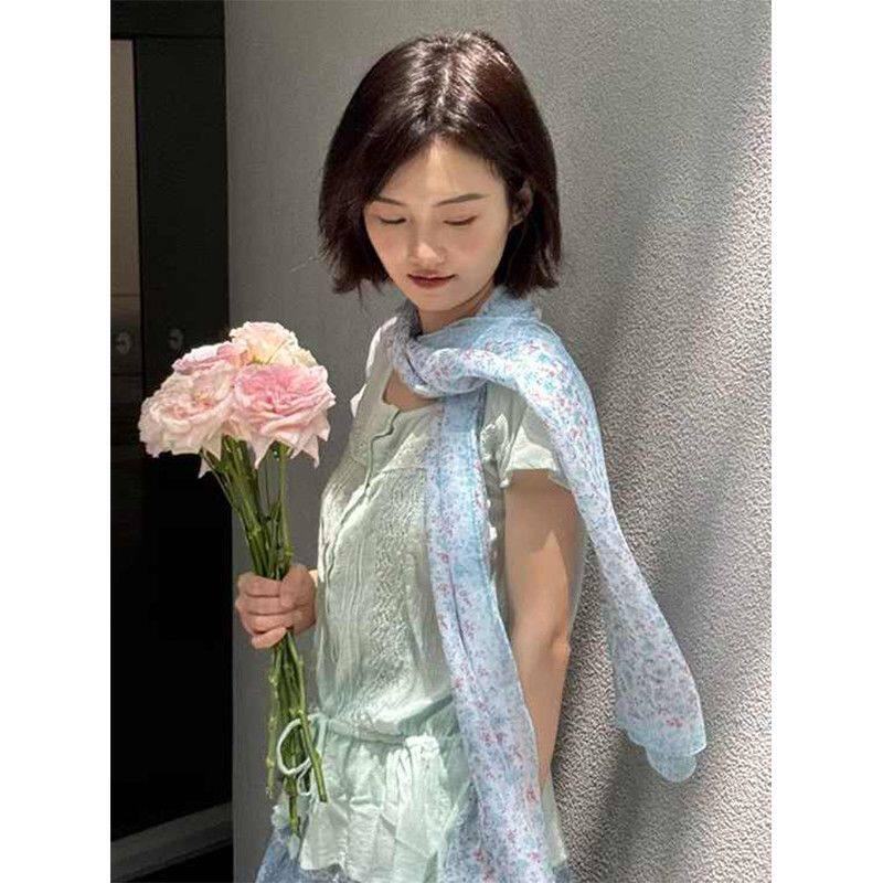 森系田园风浅蓝碎花薄款