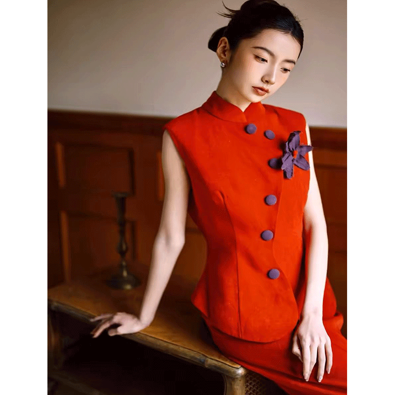 新中式晨袍女新娘订婚礼服端庄大气高级感复古红色旗袍两件套裙装