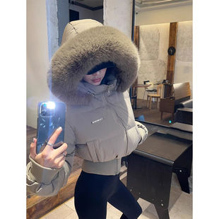 时尚收腰修身短款羽绒棉服外套女冬季显瘦毛领连帽面包服