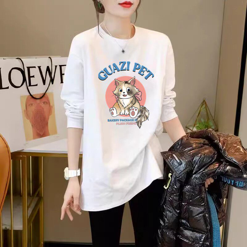 长袖t恤女中长款春秋款时尚洋气宽松显瘦百搭圆领打底衫上衣纯棉